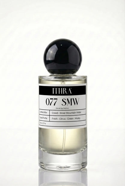 077 SMW citrus fresh green musky unisex fragrance by Ithra Perfumes, cool and luminous