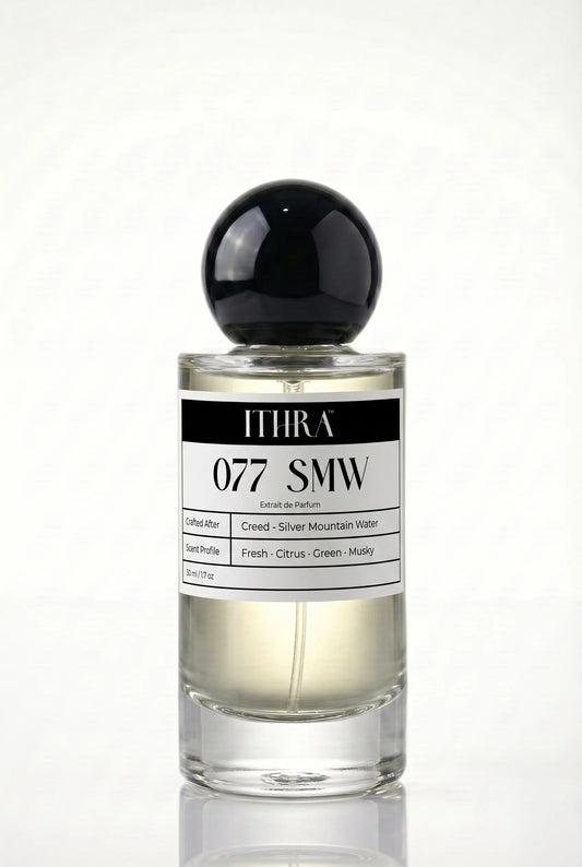 077 SMW citrus fresh green musky unisex fragrance by Ithra Perfumes, cool and luminous