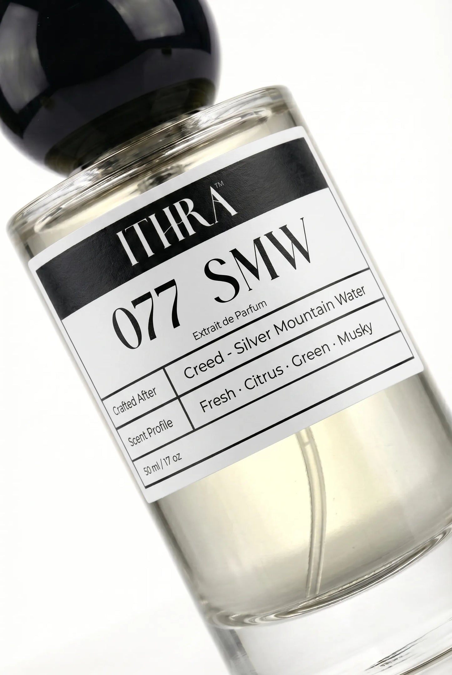 Close-up of 077 SMW by Ithra Perfumes, citrus fresh green musky, available in 50ml and 100ml