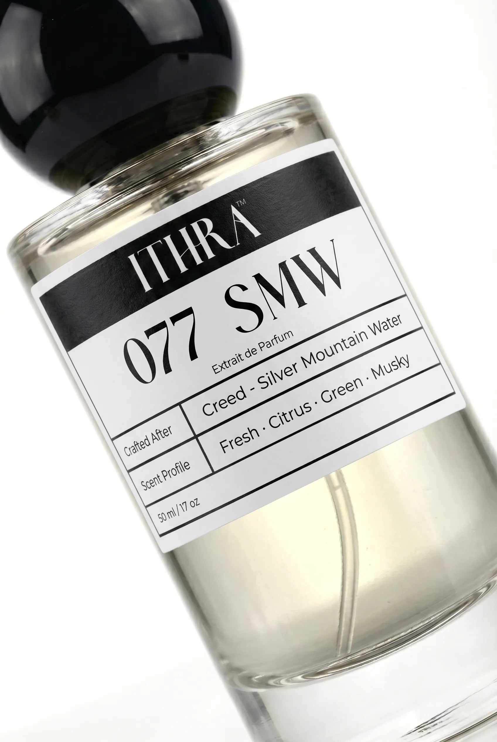 Close-up of 077 SMW by Ithra Perfumes, citrus fresh green musky, available in 50ml and 100ml