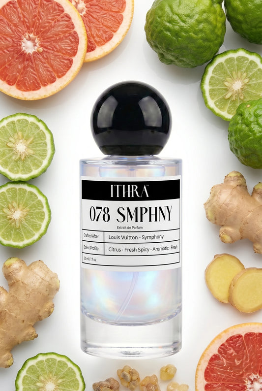 078 SMPHNY perfume bottle styled with grapefruit, bergamot and ginger fragrance ingredients, sparkling, vibrant, fresh and radiant notes