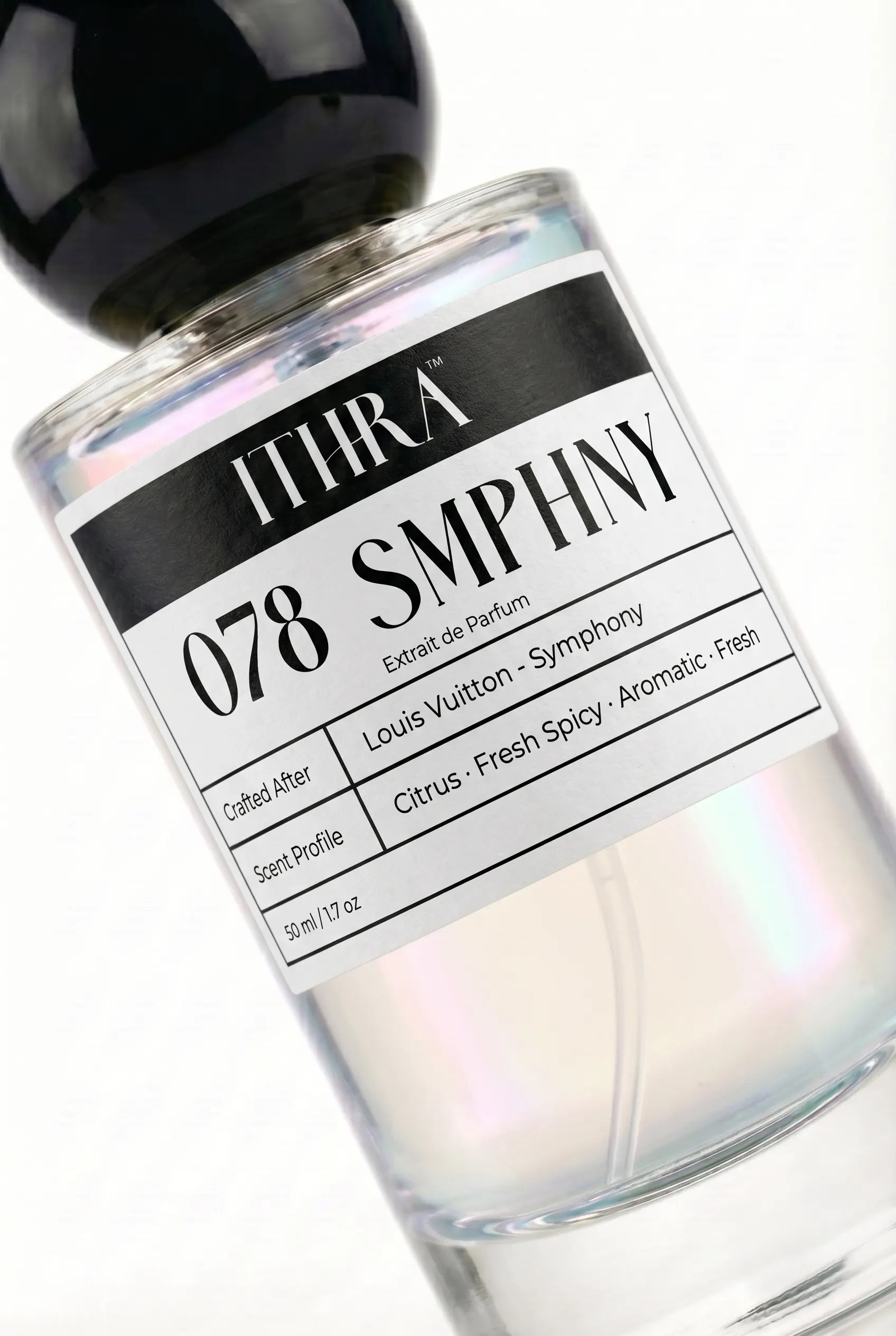 Close-up of 078 SMPHNY perfume label by Ithra Perfumes, citrus aromatic fresh spicy, available in 50ml and 100ml