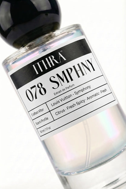 Close-up of 078 SMPHNY perfume label by Ithra Perfumes, citrus aromatic fresh spicy, available in 50ml and 100ml