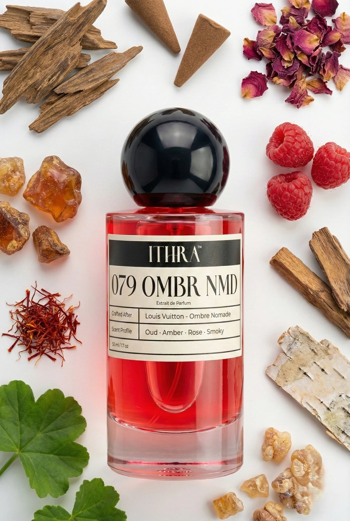 079 OMBR NMD perfume bottle styled with woody and rose fragrance ingredients, refined, deep and sensual notes