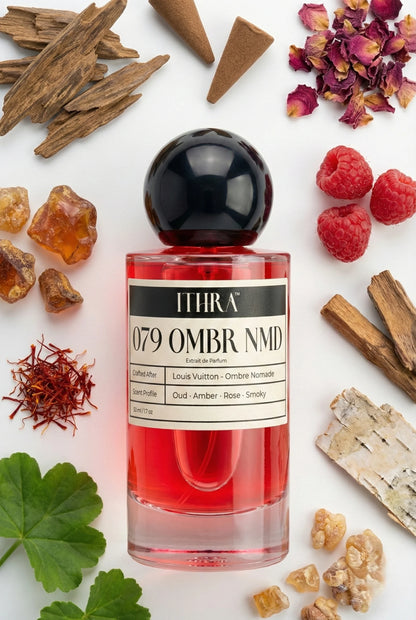 079 OMBR NMD perfume bottle styled with woody and rose fragrance ingredients, refined, deep and sensual notes