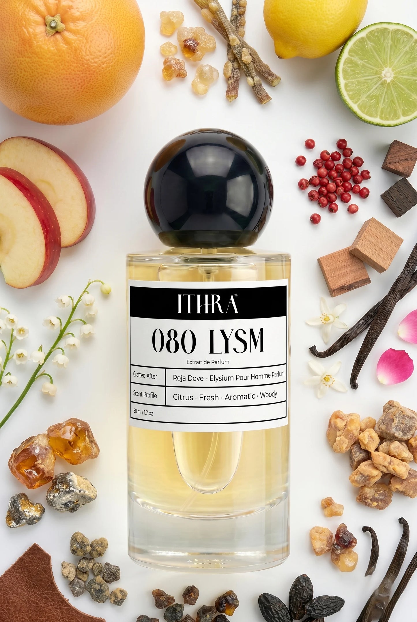 080 LYSM perfume bottle styled with grapefruit, pink pepper, jasmine and ambergris fragrance ingredients, bright,  grounding, fresh and radiant