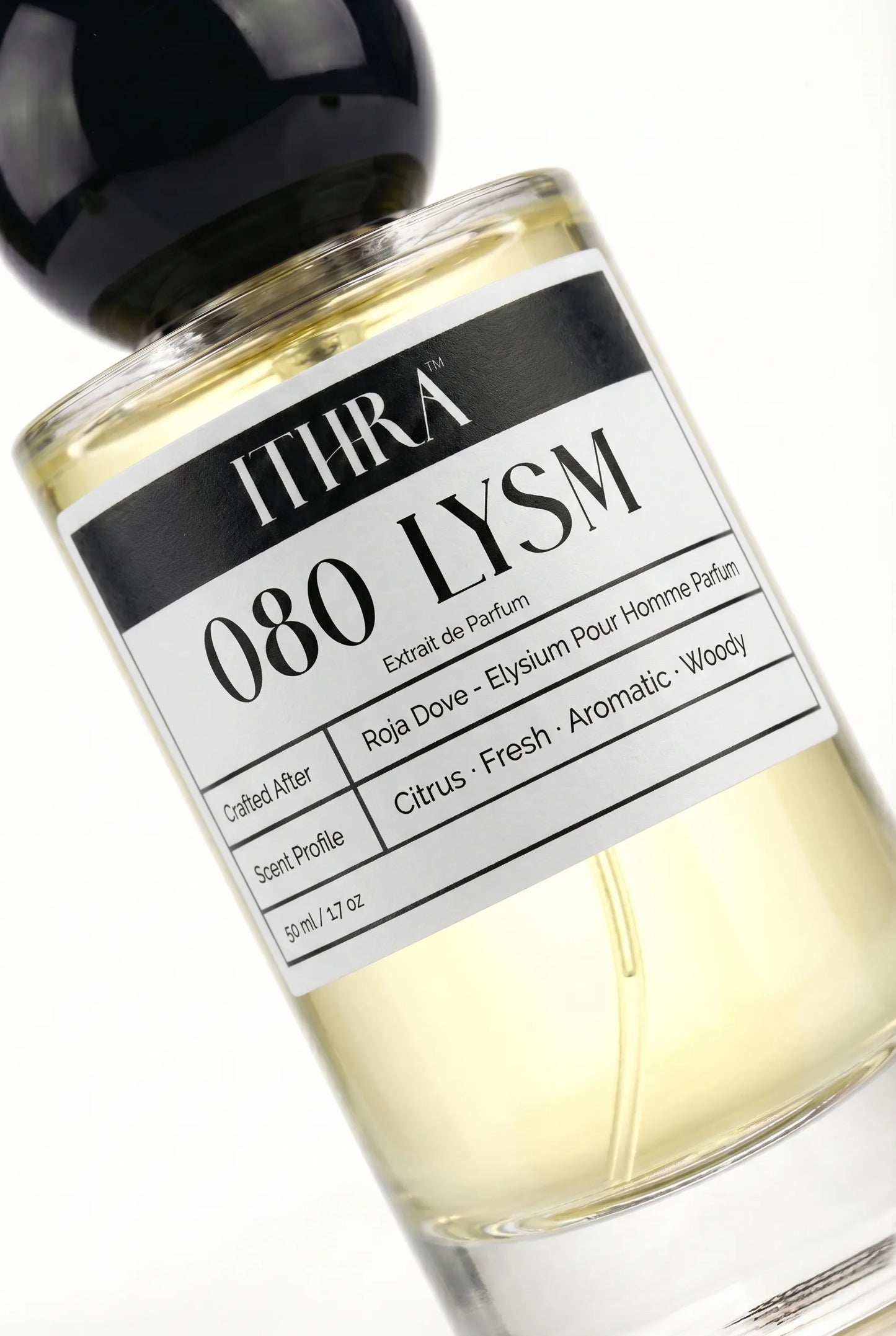 Close-up of 080 LYSM by Ithra Perfumes, citrus aromatic fresh woody, available in 50ml and 100ml