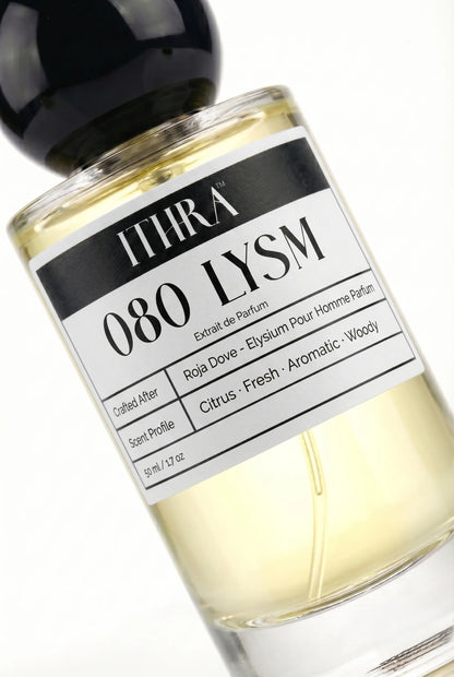 Close-up of 080 LYSM by Ithra Perfumes, citrus aromatic fresh woody, available in 50ml and 100ml