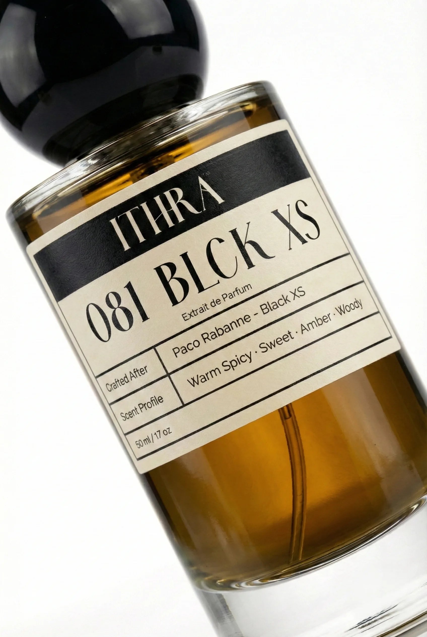 Close-up of 081 BLCK XS perfume by Ithra Perfumes, warm spicy sweet amber woody perfume, available in 50ml and 100ml