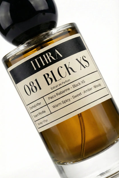 Close-up of 081 BLCK XS perfume by Ithra Perfumes, warm spicy sweet amber woody perfume, available in 50ml and 100ml
