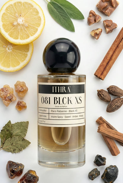 081 BLCK XS perfume bottle styled with spicy woody and amber fragrance note ingredients, warm, addictive, deep and sensual notes
