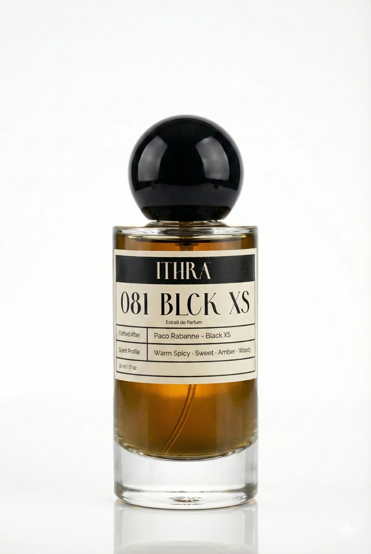 081 BLCK XS sweet spicy woody amber perfume for men by Ithra Perfumes, bold and seductive