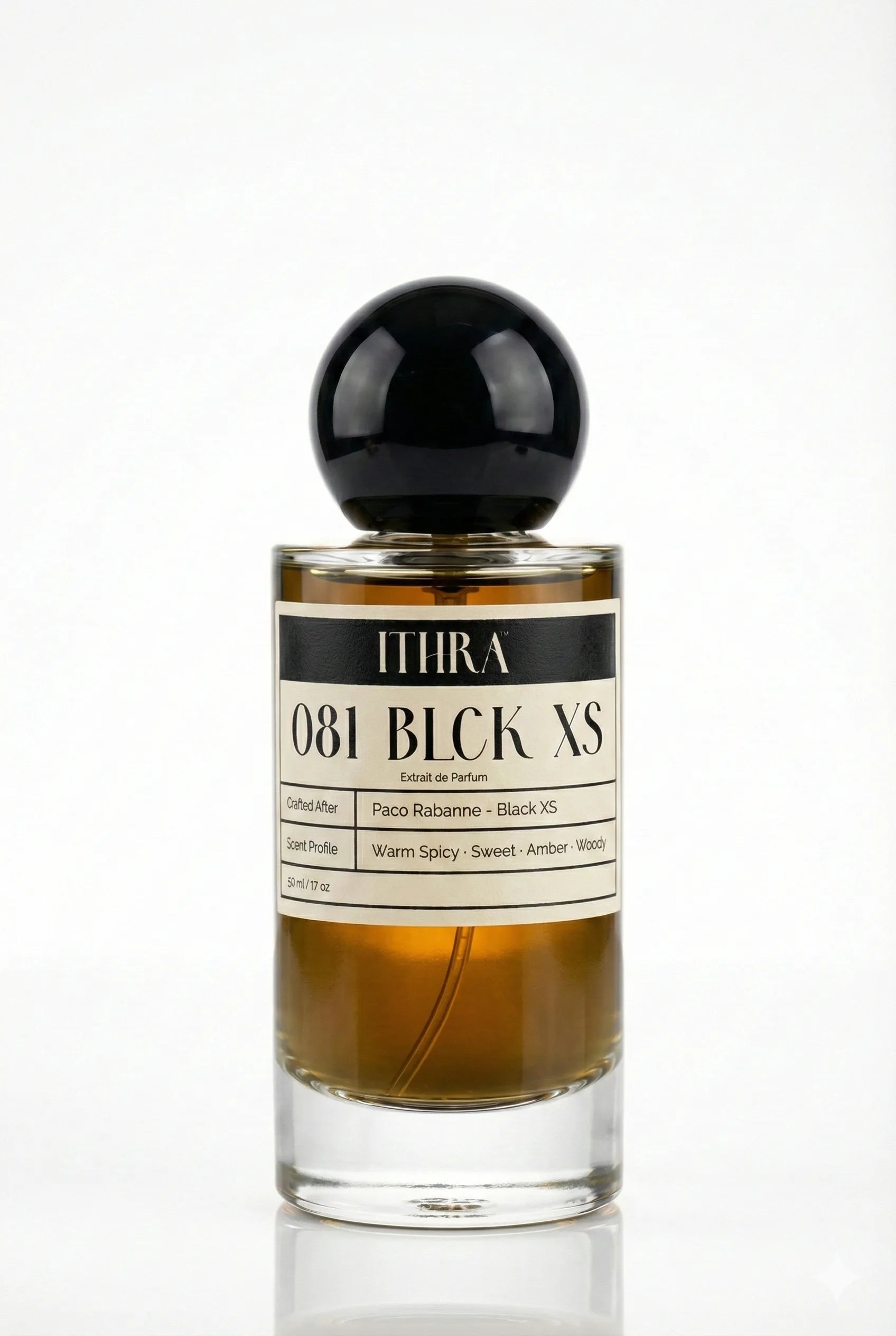081 BLCK XS sweet spicy woody amber perfume for men by Ithra Perfumes, bold and seductive