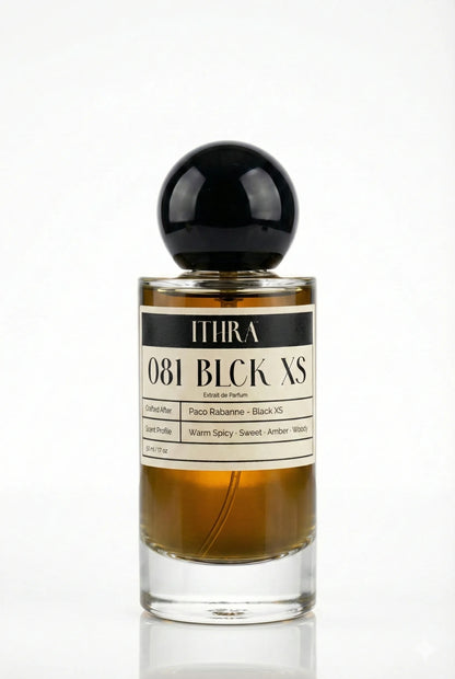 081 BLCK XS sweet spicy woody amber perfume for men by Ithra Perfumes, bold and seductive