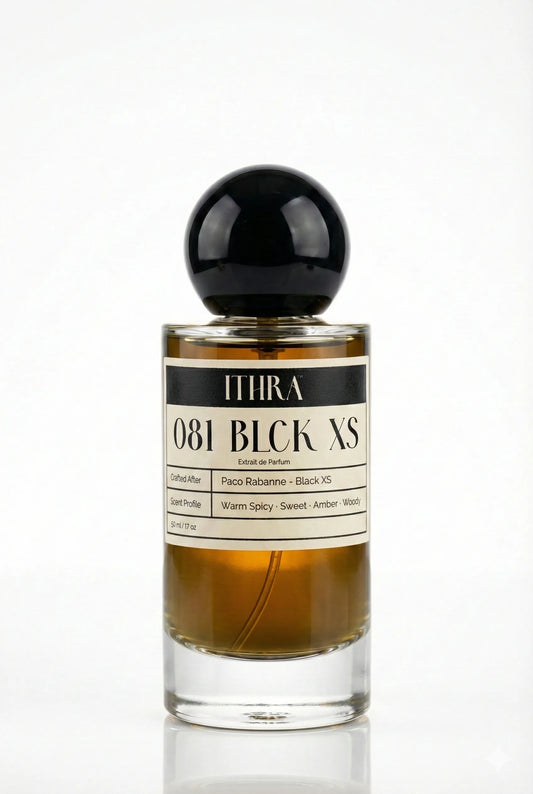 081 BLCK XS sweet spicy woody amber perfume for men by Ithra Perfumes, bold and seductive