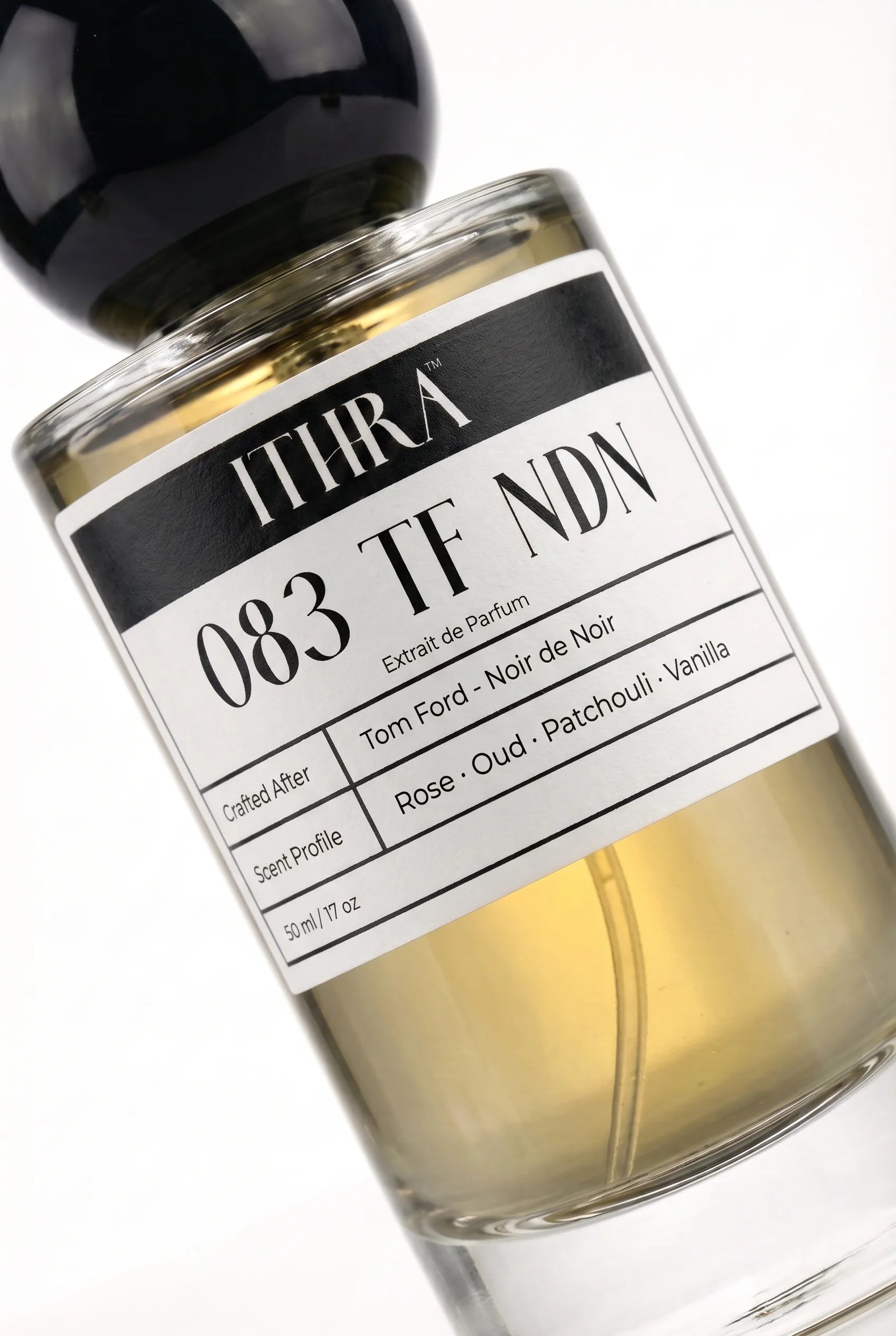 Close-up of 083 TF NDN perfume by Ithra, rose oud patchouli vanilla, available in 50ml and 100ml