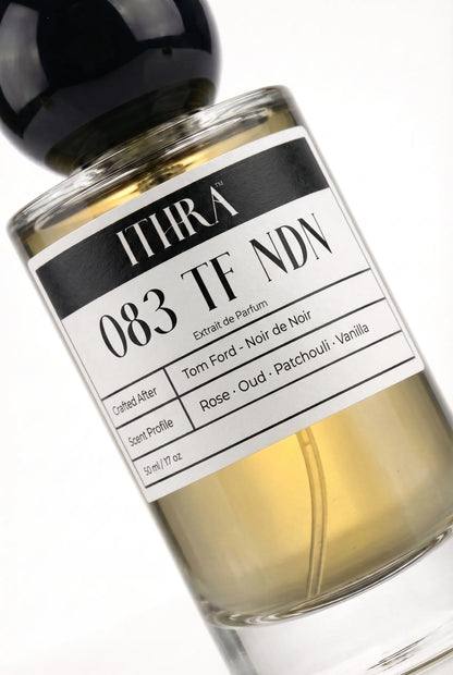 Close-up of 083 TF NDN perfume by Ithra, rose oud patchouli vanilla, available in 50ml and 100ml