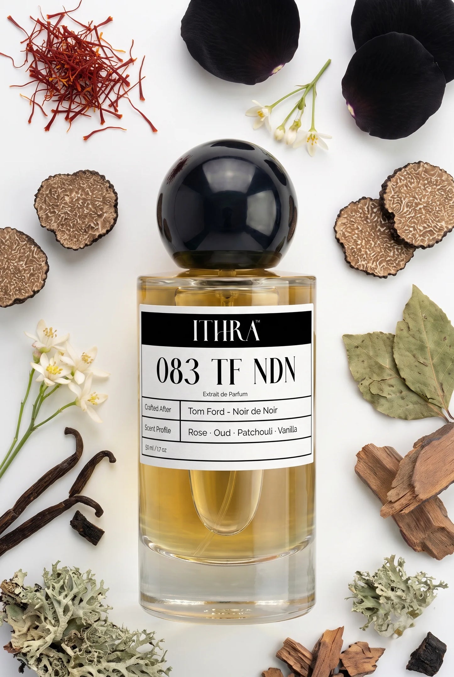 083 TF NDN perfume bottle styled with saffron, black rose, agarwood oud and patchouli fragrance ingredients, dark, resinous, deep and sensual notes