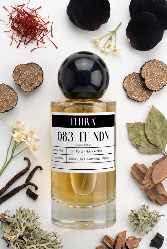 083 TF NDN perfume bottle styled with saffron, black rose, agarwood oud and patchouli fragrance ingredients, dark, resinous, deep and sensual notes