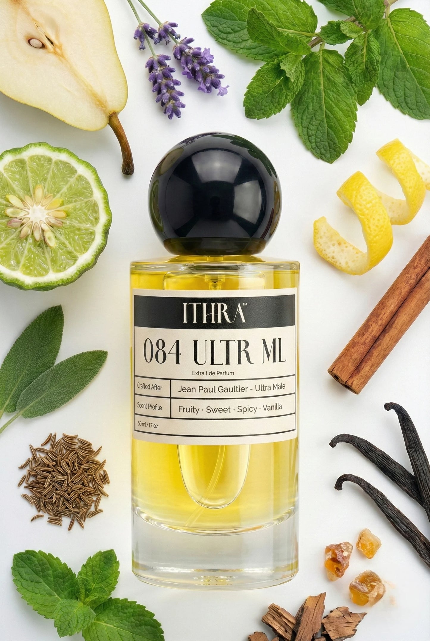 084 ULTR ML perfume bottle styled with fruity vanilla and spicy fragrance ingredients, vibrant, playful, deep and sensual notes