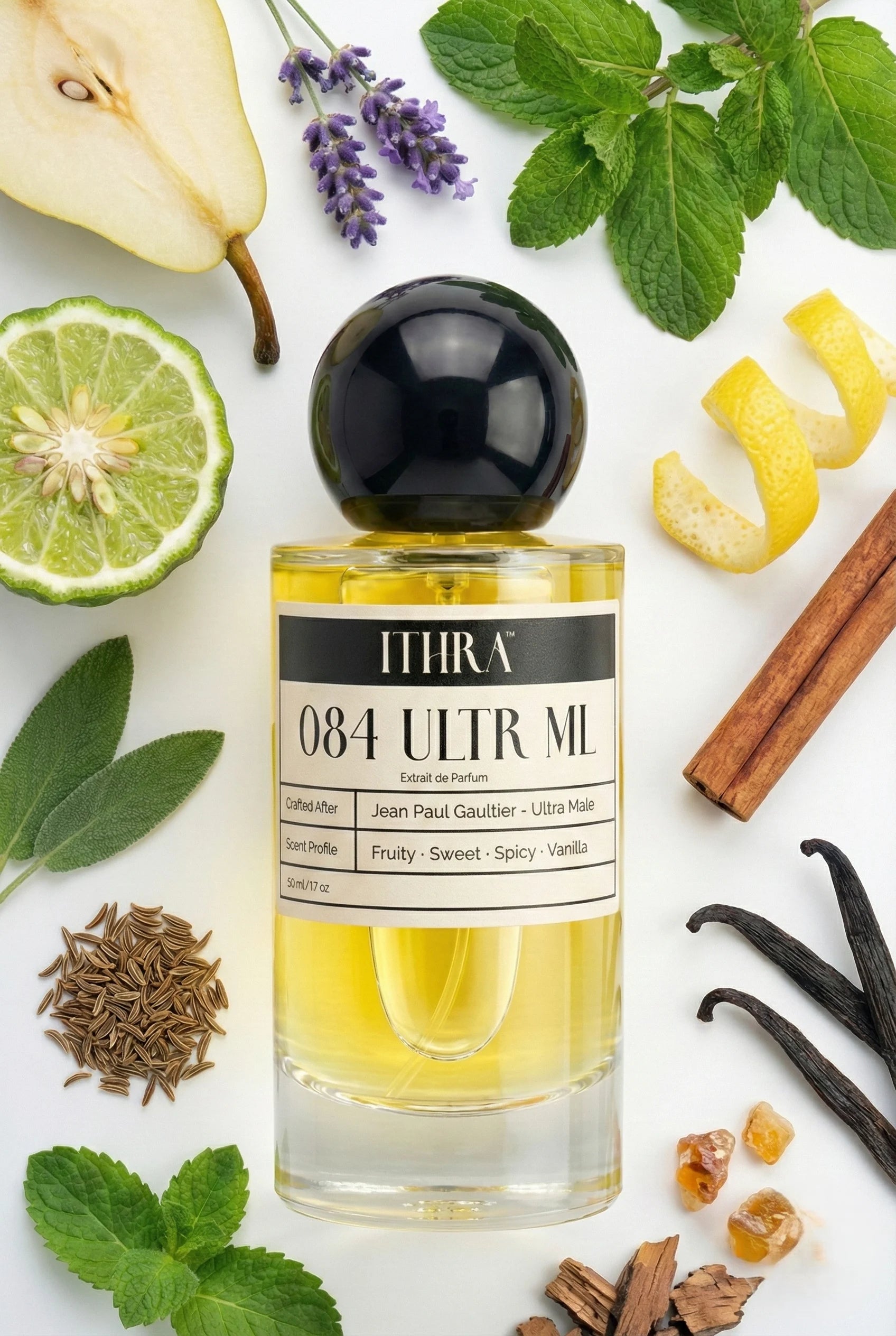084 ULTR ML perfume bottle styled with fruity vanilla and spicy fragrance ingredients, vibrant, playful, deep and sensual notes