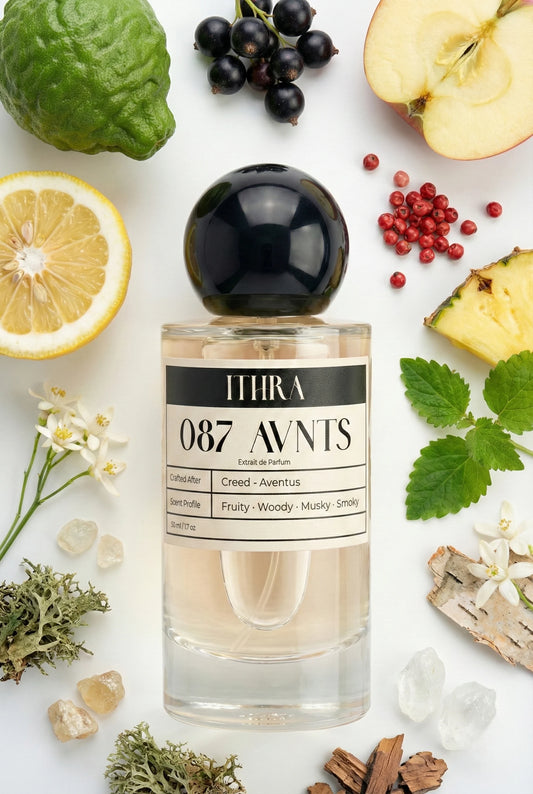 087 AVNTS perfume bottle styled with bergamot apple pineapple birch cedarwood fragrance ingredients, fresh, smoky, earthy and refined notes