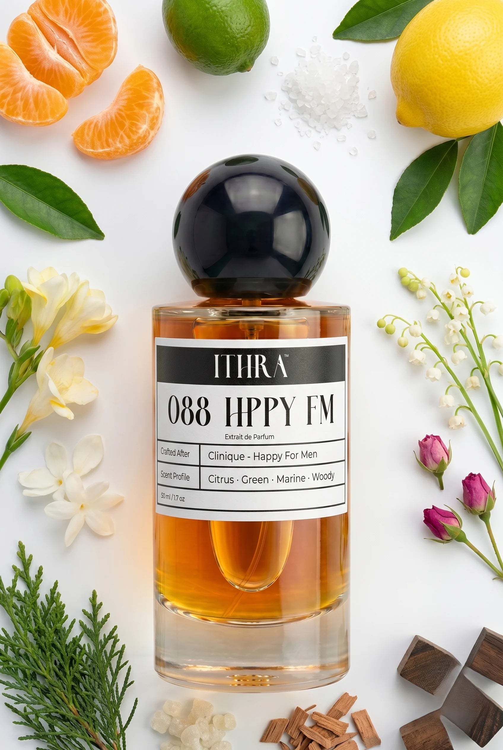 088 HPPY FM perfume bottle styled with mandarin, sea notes, jasmine and cedar fragrance  ingredients, airy, fresh and radiant notes
