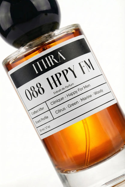 Close-up of 088 HPPY FM by Ithra Perfumes, citrus marine green woody, available in 50ml and 100ml
