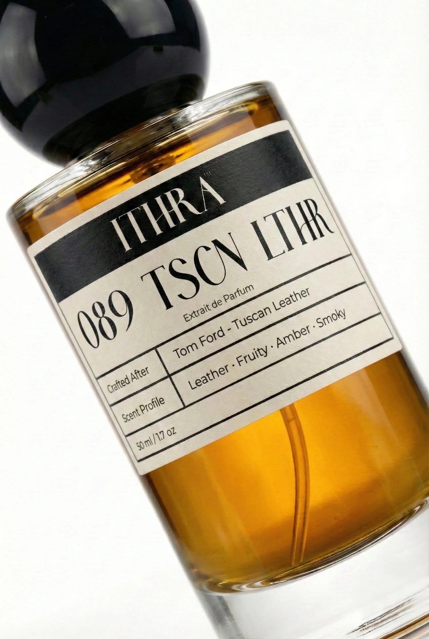 Close-up of 089 TSCN LTHR perfume label by Ithra Perfumes, smoky leather amber fruity perfume, available in 50ml and 100ml