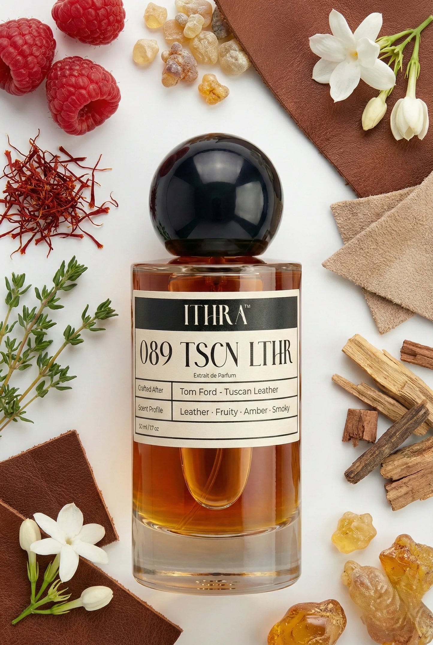 089 TSCN LTHR perfume bottle styled with raspberry saffron leather amber suede fragrance ingredients, intense, textured, deep and sensual notes