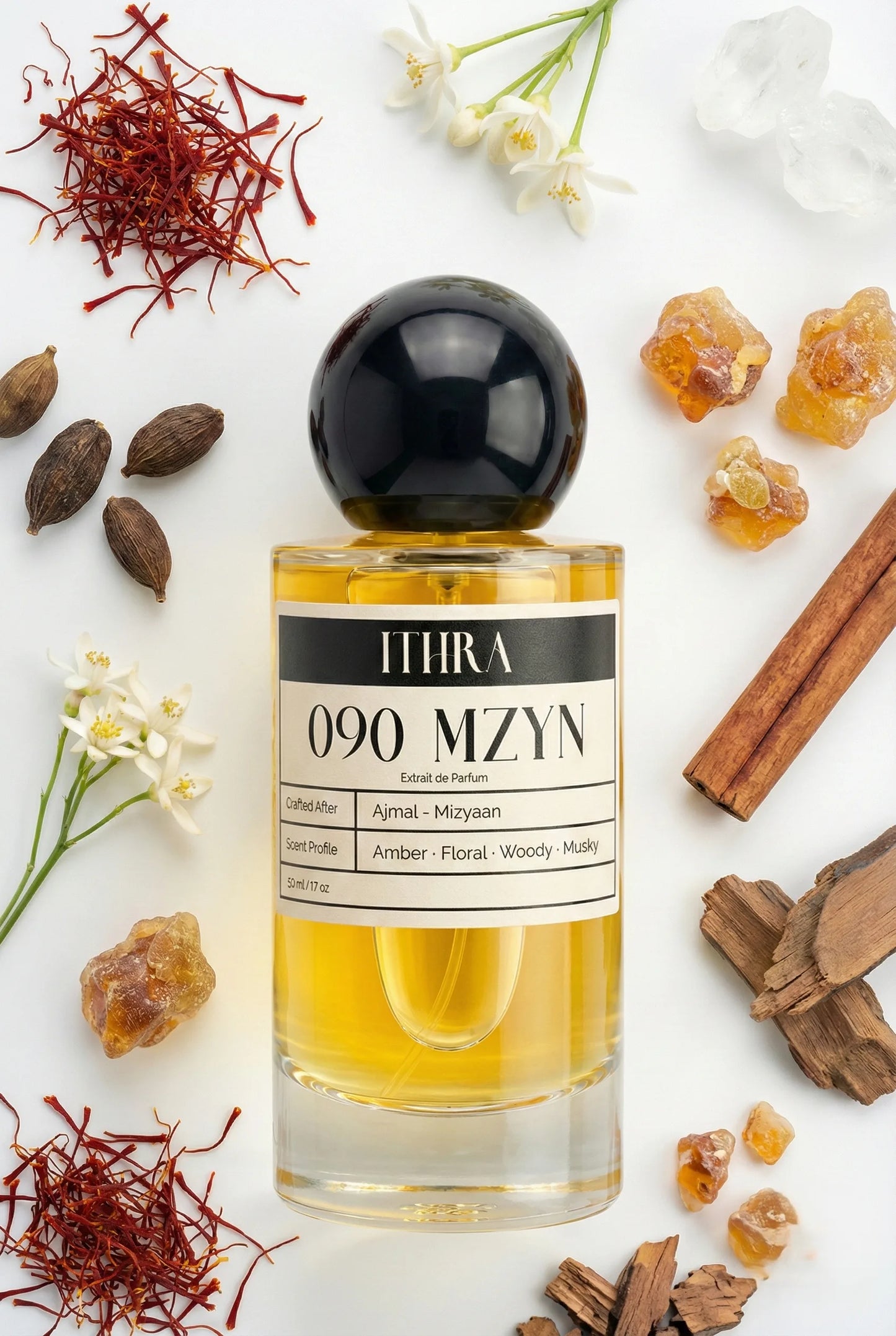090 MZYN perfume bottle styled with saffron white flower amber sandalwood fragrance ingredients, elegant, enveloping, deep and sensual notes