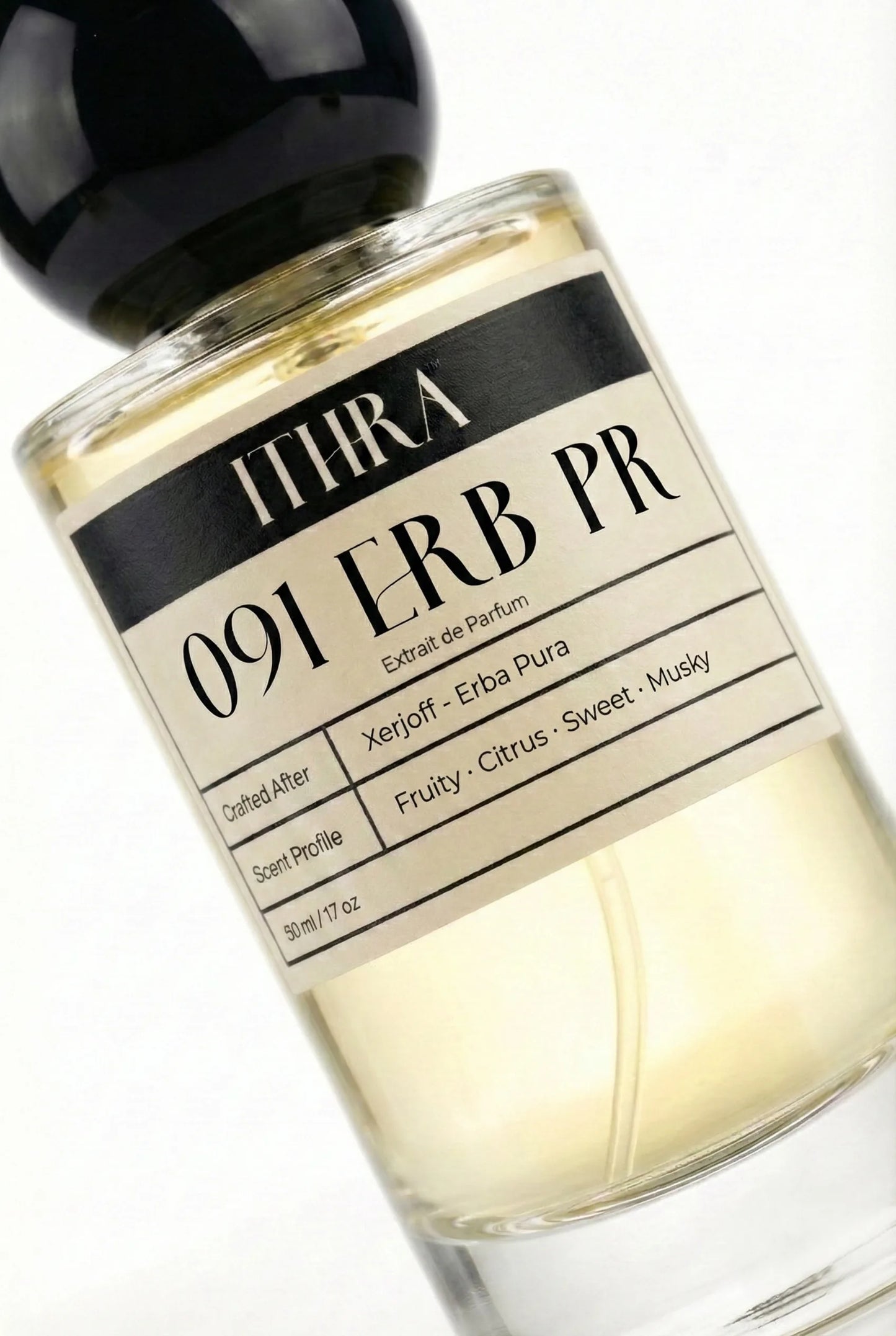 Close-up of 091 ERB PR perfume by Ithra, citrus fruity sweet musky perfume, available in 50ml and 100ml