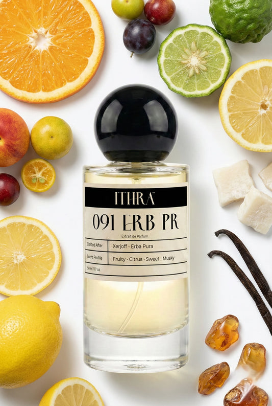 091 ERB PR perfume bottle styled with orange bergamot lemon vanilla amber musk fragrance ingredients, juicy, bright, fresh and radiant notes