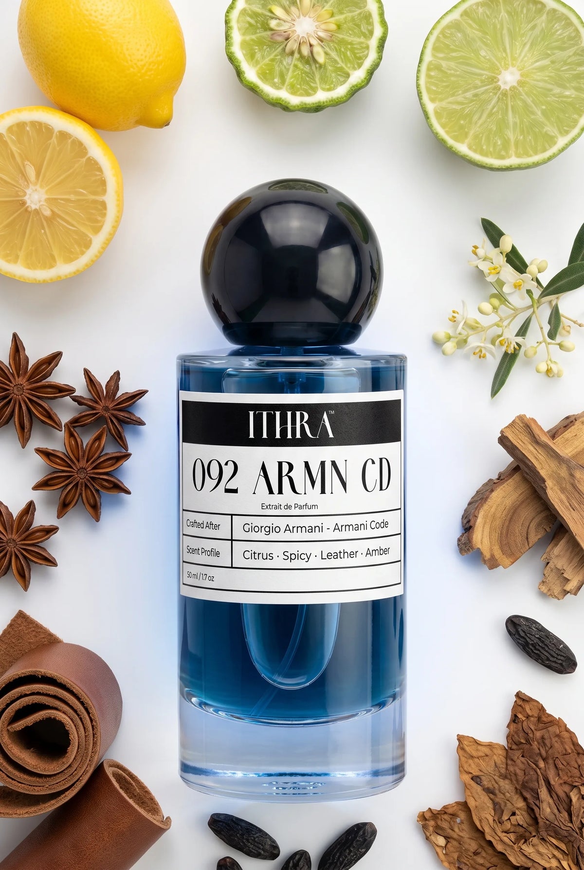 092 ARMN CD perfume bottle styled with bergamot, star anise, leather and tobacco fragrance ingredients, warm, refined, deep and sensual notes