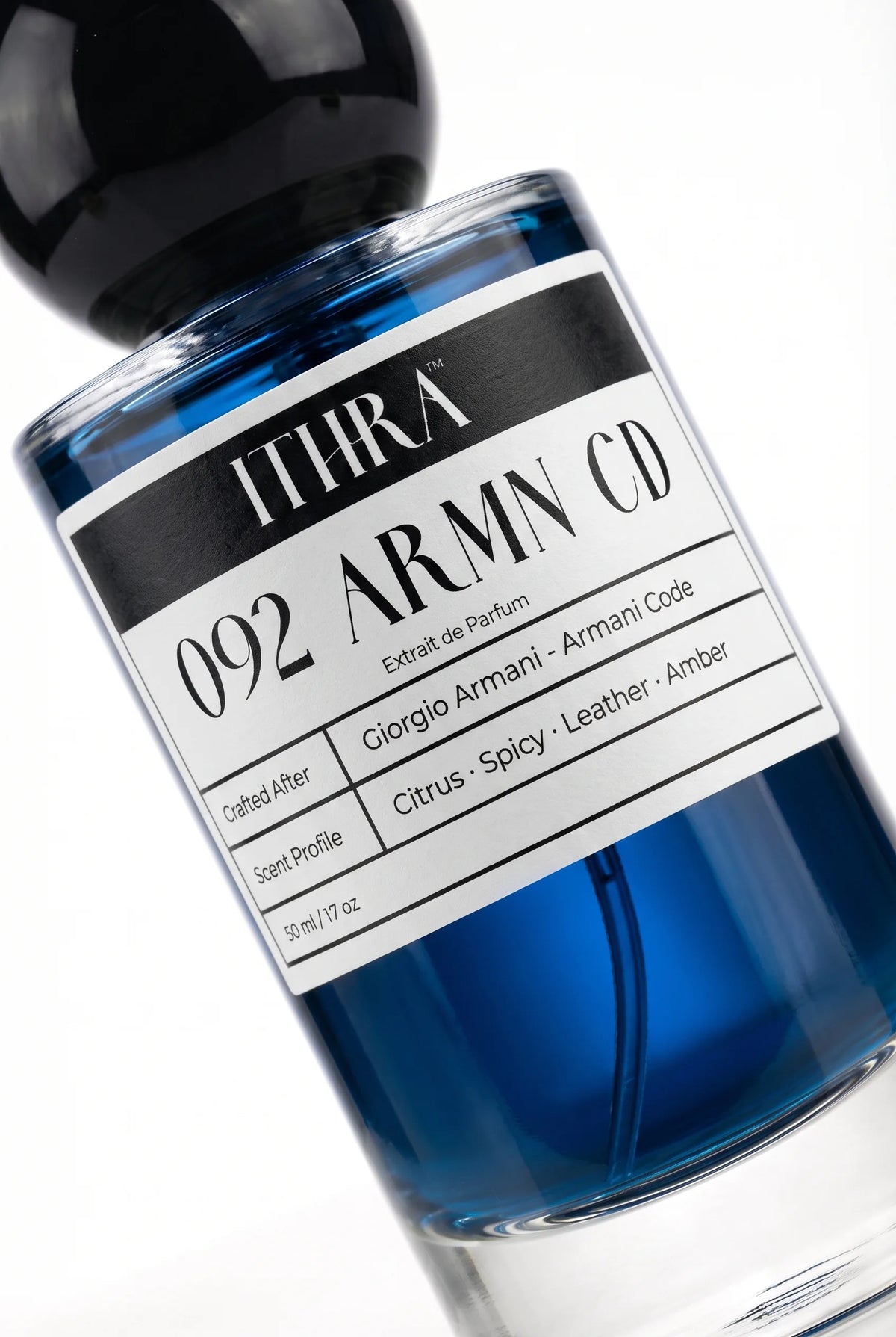 Close-up of 092 ARMN CD perfume by Ithra, citrus leather amber spicy, available in 50ml and 100ml