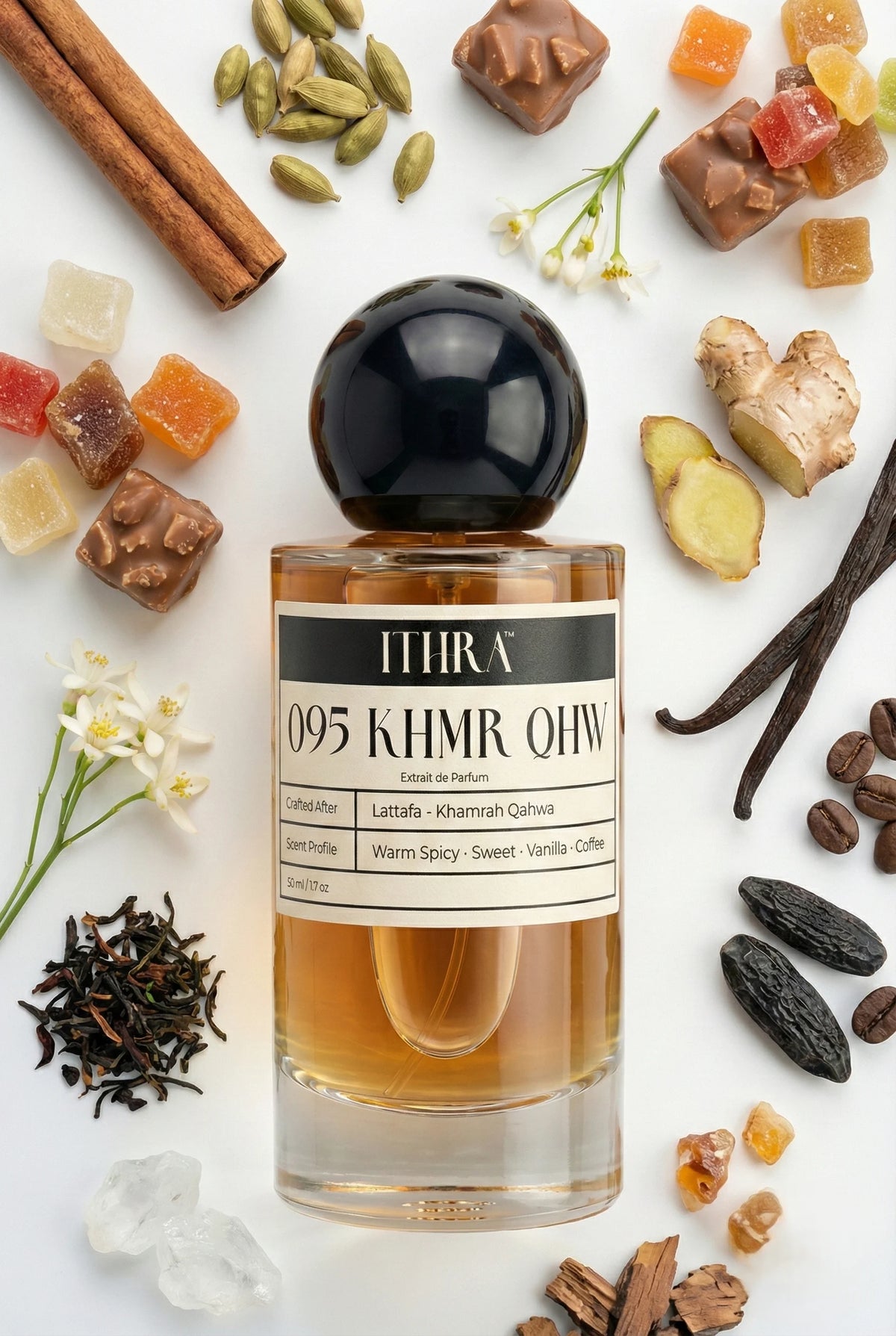 095 KHMR QHW perfume bottle styled with cinnamon cardamom ginger praline vanilla coffee tonka bean benzoin fragrance ingredients, fiery, indulgent, deep and sensual notes