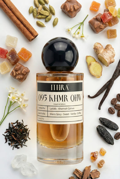 095 KHMR QHW perfume bottle styled with cinnamon cardamom ginger praline vanilla coffee tonka bean benzoin fragrance ingredients, fiery, indulgent, deep and sensual notes