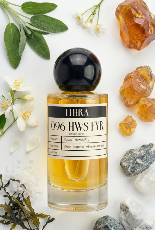 096 HWS FYR perfume bottle styled with clary sage Egyptian jasmine amber ambergris fragrance ingredients, airy, luminous, deep and sensual notes