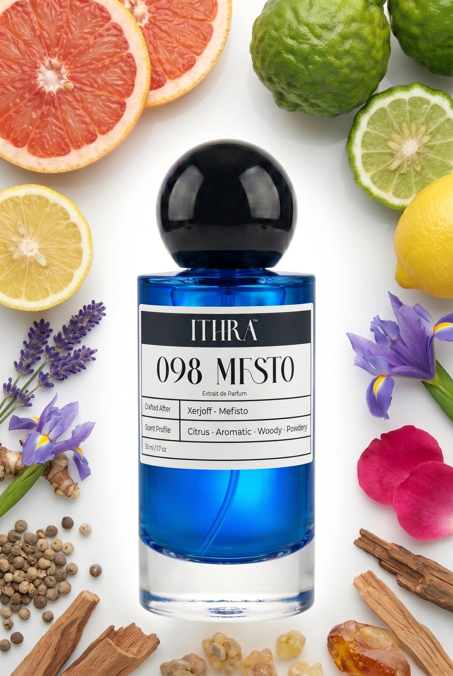 098 MFSTO perfume bottle styled with bergamot, lavender, iris and sandalwood fragrance ingredients, clean, powdery, fresh and radiant notes