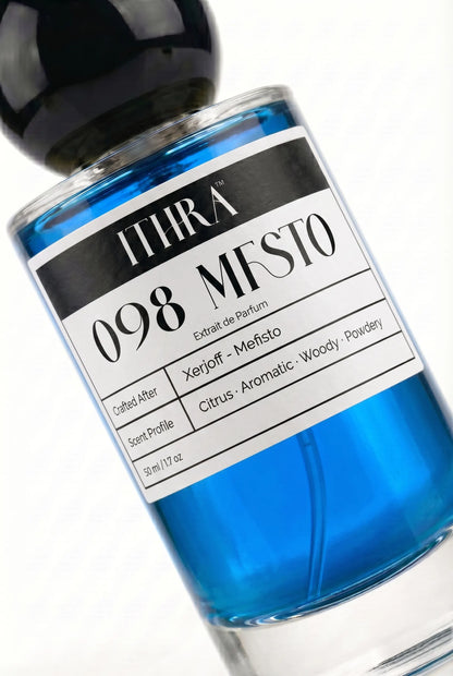 Close-up of 098 MFSTO by Ithra Perfumes, citrus aromatic powdery woody, available in 50ml and 100ml