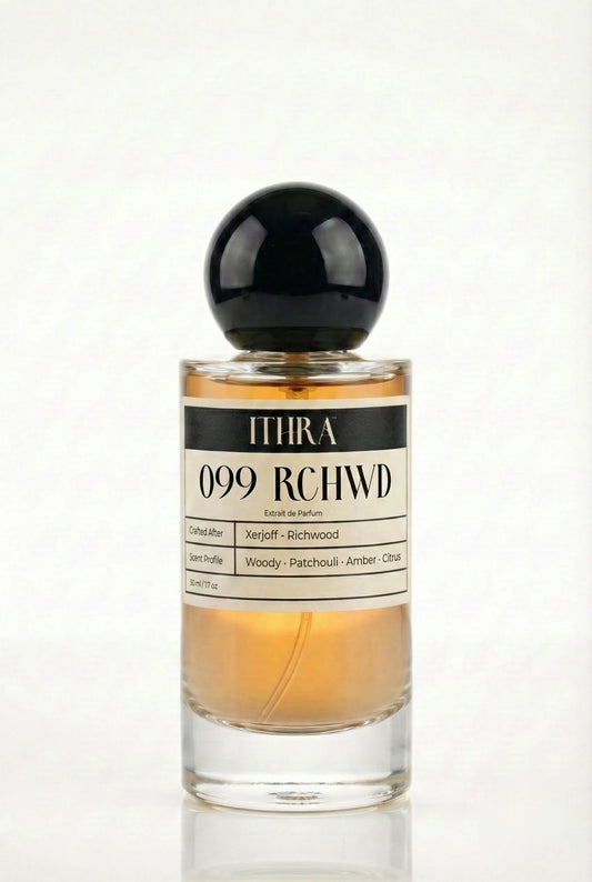 099 RCHWD citrus amber patchouli woody unisex perfume by Ithra, warm and refined