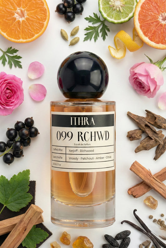 099 RCHWD perfume bottle styled with tangerine grapefruit Damask rose patchouli sandalwood vanilla fragrance ingredients, deep, elegant, earthy and refined notes