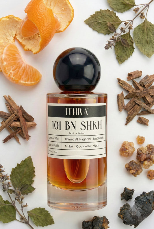 101 BN SHKH perfume bottle styled with rose saffron jasmine agarwood amber patchouli fragrance ingredients, warm, royal, deep and sensual notes