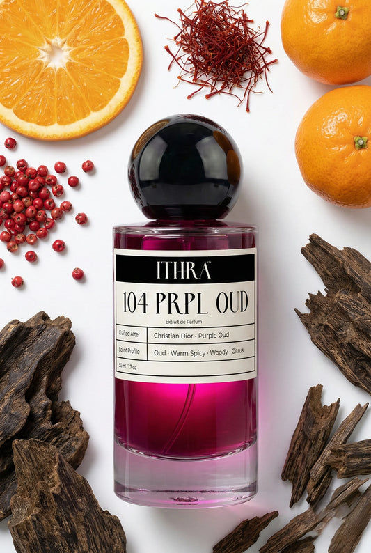 104 PRPL OUD perfume bottle styled with agarwood orange saffron pink pepper fragrance ingredients, warm, luminous, deep and sensual notes
