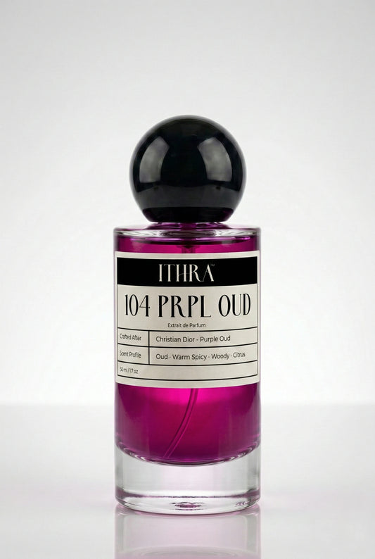 104 PRPL OUD citrus warm spicy oud woody unisex perfume by Ithra, opulent and refined