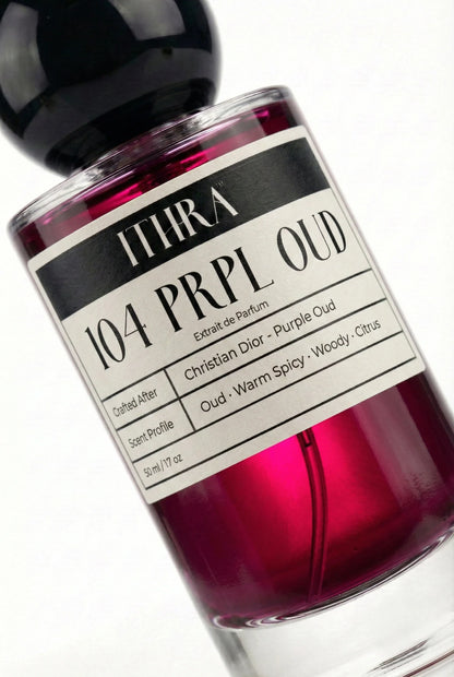 Close-up of 104 PRPL OUD label by Ithra Perfumes, oriental citrus oud warm spicy woody unisex perfume, available in 50ml and 100ml