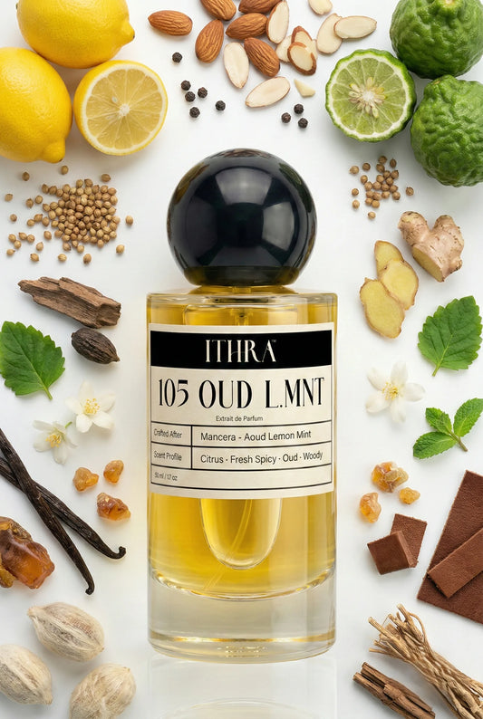 105 OUD LMNT perfume bottle styled with lemon mint agarwood patchouli vanilla amber leather fragrance ingredients, crisp, exotic, earthy and refined notes