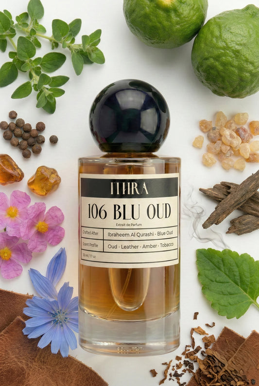 106 BLU OUD perfume bottle styled with agarwood leather patchouli amber tobacco fragrance ingredients, textured, deep and sensual notes