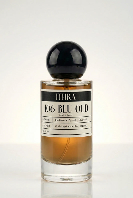106 BLU OUD tobacco leather oud amber unisex perfume bottle by Ithra, bold and contemplative