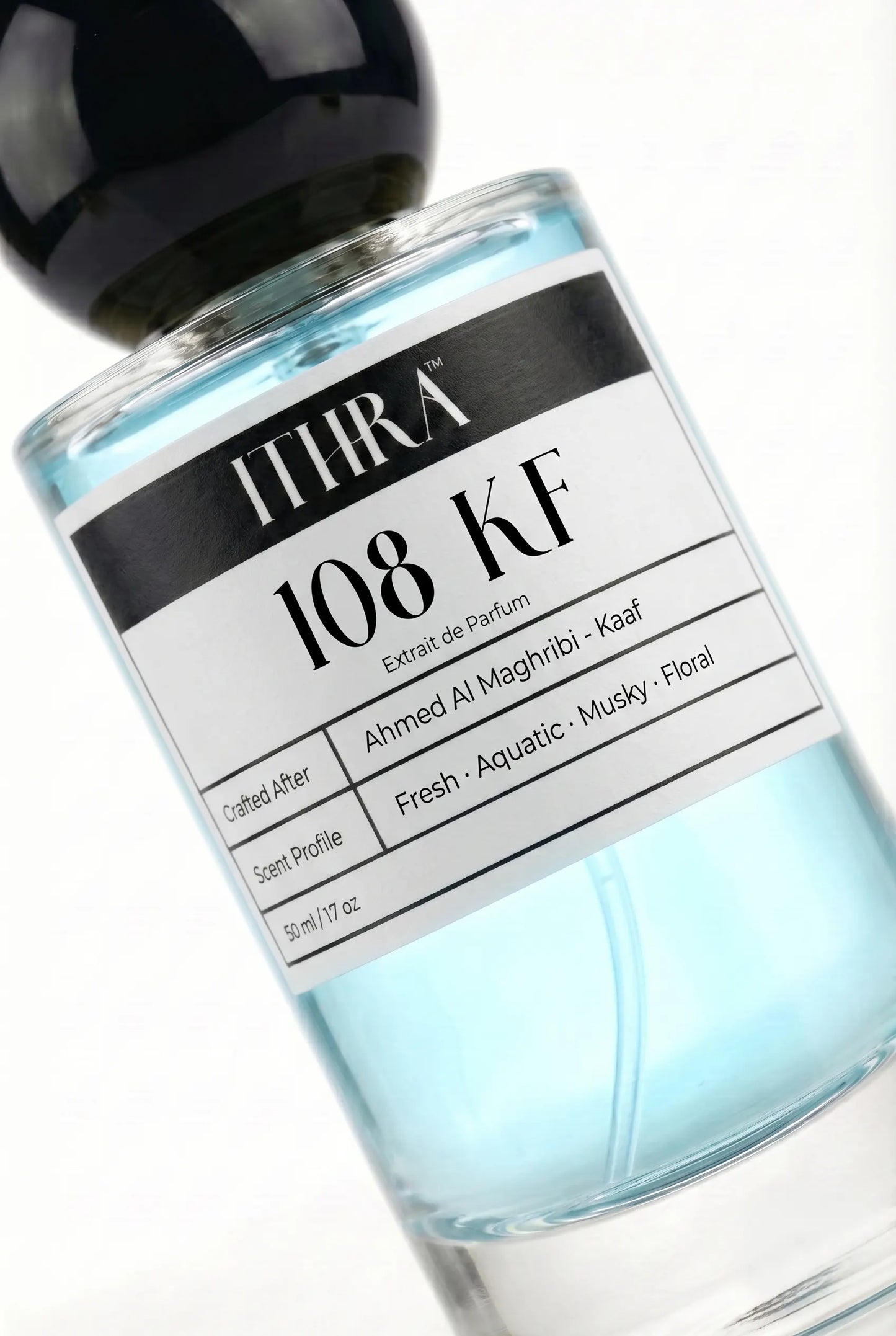 Close-up of 108 KF by Ithra Perfumes, aquatic floral fresh musky, available in 50ml and 100ml